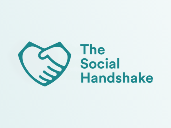 Logo van The Social Handshake met een gestileerde handdruk in de vorm van een hart en de tekst 