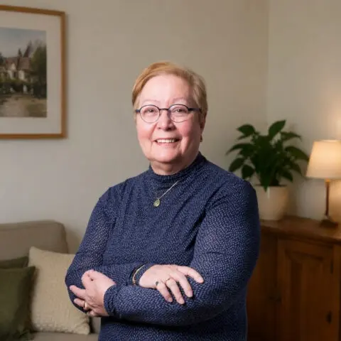 Persoon met bril en donkerblauwe trui staat met de armen over elkaar in een woonkamer. Op de achtergrond zijn een plant, een lamp en houten meubels zichtbaar.